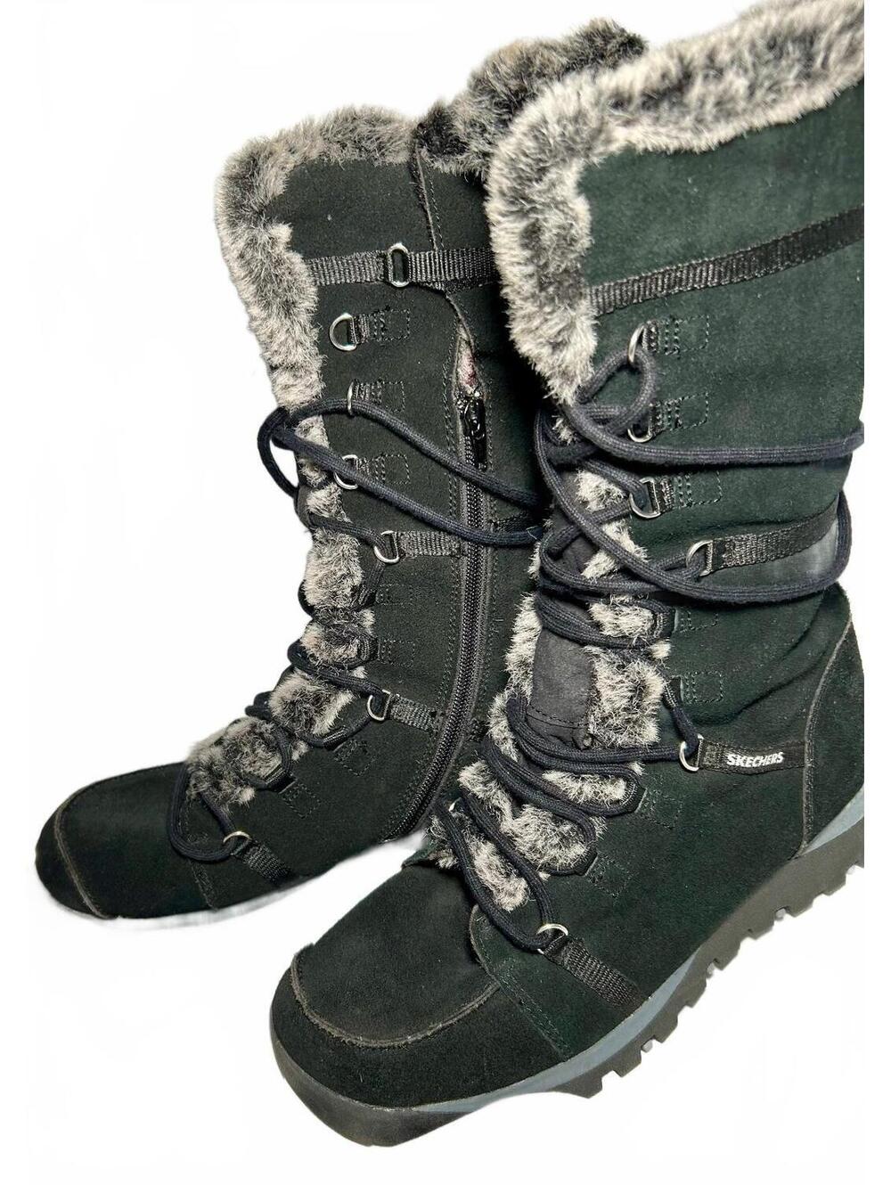 Skechers Womens Winter Boots Size 10 Black Faux Fur Lace Up Side Zip Mid